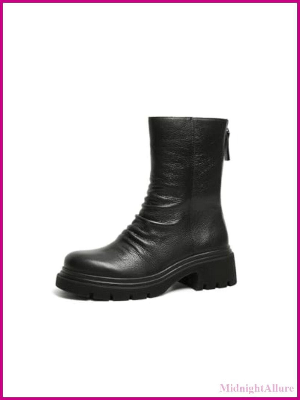 Leather Mid-Calf Ruched Slouch Boot Platform Low Heel Back Zipper